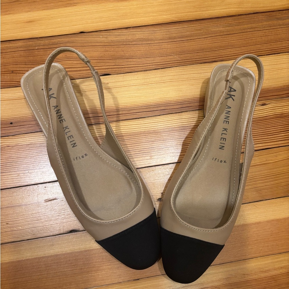 Anne Klein Beige and Black Slingback Flats